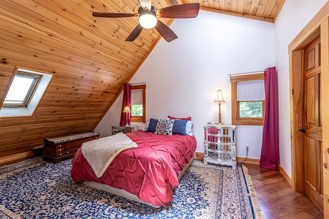 72 Auclair Rd, Middleton, NH 03887 - bedroom featuring lofted ceiling, wooden ceiling, wood finished floors, a skylight, and baseboards