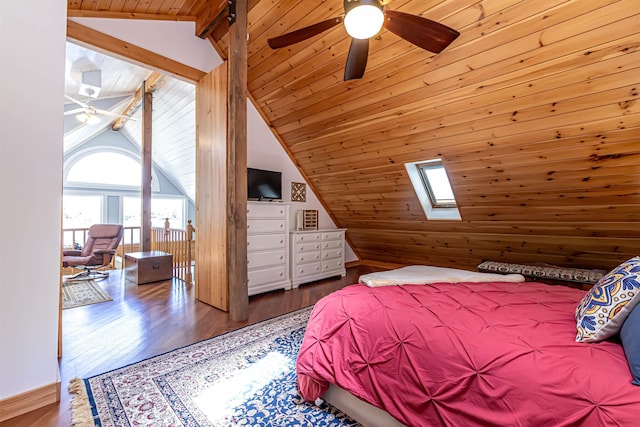 72 Auclair Rd, Middleton, NH 03887 - bedroom featuring wooden ceiling, a skylight, wood finished floors, access to outside, and ceiling fan