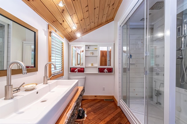 72 Auclair Rd, Middleton, NH 03887 - bathroom with wood ceiling, a stall shower, wood finished floors, vaulted ceiling, and vanity