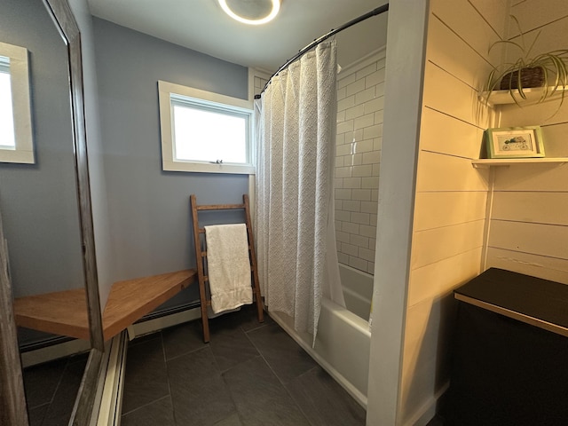 8 Main St, Bennington, NH 03442 - bathroom featuring tile patterned floors, shower / bath combination with curtain, and baseboard heating