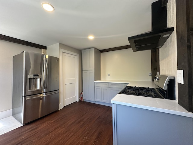8 Main St, Bennington, NH 03442 - kitchen featuring stainless steel refrigerator with ice dispenser, range with gas stovetop, dark wood-style floors, wall chimney range hood, and recessed lighting