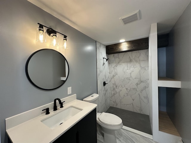 8 Main St, Bennington, NH 03442 - full bathroom with marble look tile flooring, vanity, a marble finish shower, and toilet