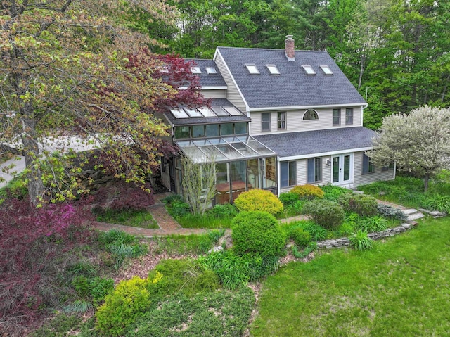 278 N Rd, Deerfield, NH 03037 - rear view of house featuring roof with shingles, french doors, a sunroom, and a chimney
