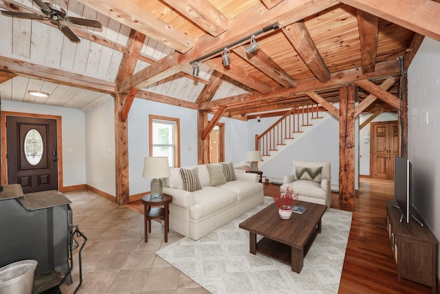 278 N Rd, Deerfield, NH 03037 - living area with wood ceiling, ceiling fan, stairway, and baseboards