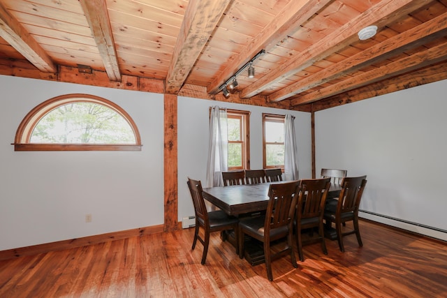 278 N Rd, Deerfield, NH 03037 - dining area with wooden ceiling with exposed beams, plenty of natural light, hardwood / wood-style flooring, baseboards, and baseboard heating