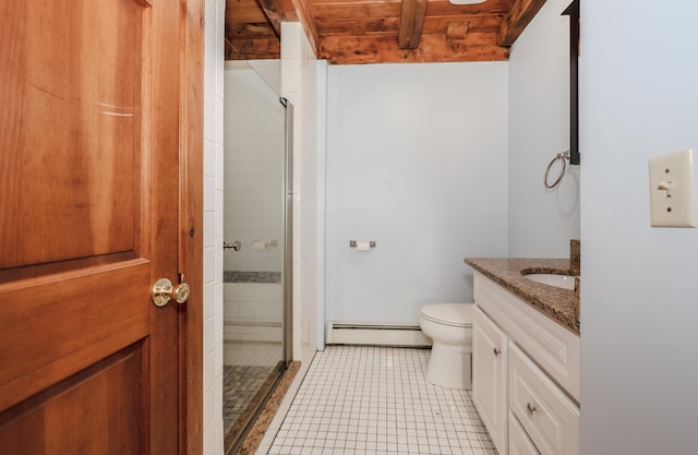 278 N Rd, Deerfield, NH 03037 - full bath featuring a baseboard heating unit, vanity, a shower stall, wood ceiling, and toilet