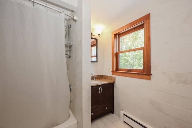 278 N Rd, Deerfield, NH 03037 - full bath featuring vanity, a baseboard heating unit, shower / bath combination with curtain, and tile walls