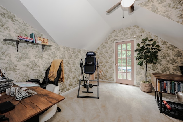 202 Wheeler Rd, Hollis, NH 03049 - office space with vaulted ceiling, ceiling fan, carpet floors, wallpapered walls, and baseboards