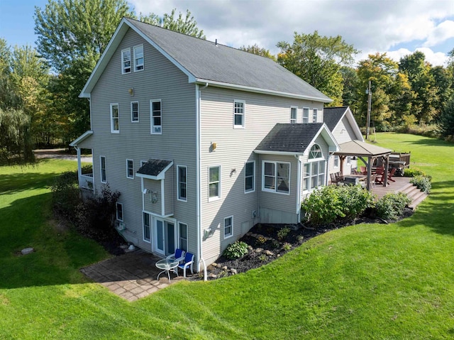 647 Poker Hill Rd, Underhill, VT 05489 - back of house with a gazebo, a patio, a lawn, a shingled roof, and view of scattered trees