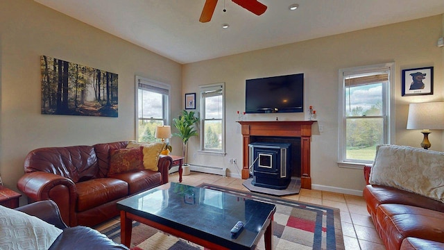647 Poker Hill Rd, Underhill, VT 05489 - living room featuring a baseboard radiator, ceiling fan, light tile patterned flooring, recessed lighting, and baseboards