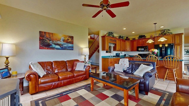 647 Poker Hill Rd, Underhill, VT 05489 - living area with a ceiling fan, light tile patterned floors, stairway, and recessed lighting