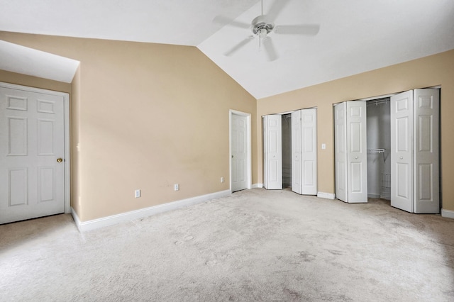 27 Autumn Ln, Hampstead, NH 03826 - unfurnished bedroom with two closets, lofted ceiling, light carpet, baseboards, and ceiling fan