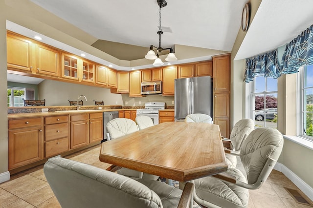 27 Autumn Ln, Hampstead, NH 03826 - kitchen with appliances with stainless steel finishes, a sink, light tile patterned floors, glass insert cabinets, and baseboards