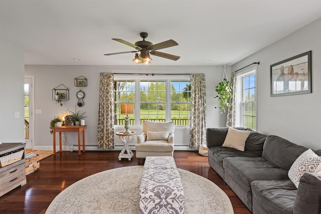 6 Pheasant Run Rd, Fairfax, VT 05454 - living room with a ceiling fan, wood finished floors, a baseboard heating unit, and baseboards
