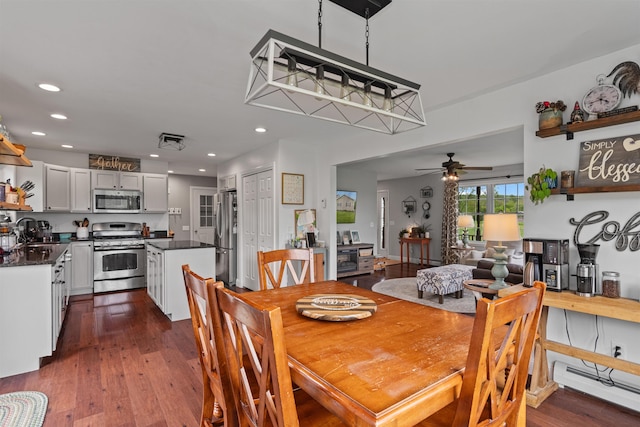 6 Pheasant Run Rd, Fairfax, VT 05454 - dining area with baseboard heating, dark wood-type flooring, a ceiling fan, and recessed lighting