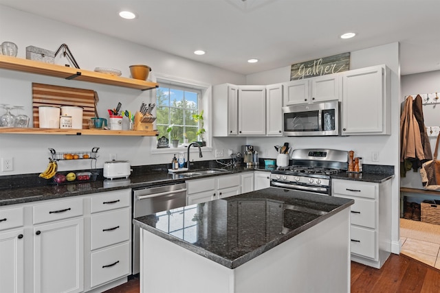 6 Pheasant Run Rd, Fairfax, VT 05454 - kitchen featuring stainless steel appliances, a sink, open shelves, white cabinets, and recessed lighting