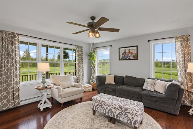 6 Pheasant Run Rd, Fairfax, VT 05454 - living room with hardwood / wood-style floors, ceiling fan, and a baseboard heating unit