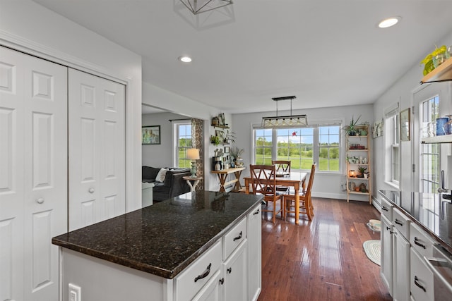 6 Pheasant Run Rd, Fairfax, VT 05454 - kitchen with white cabinetry, dark wood-style flooring, recessed lighting, dark stone countertops, and decorative light fixtures