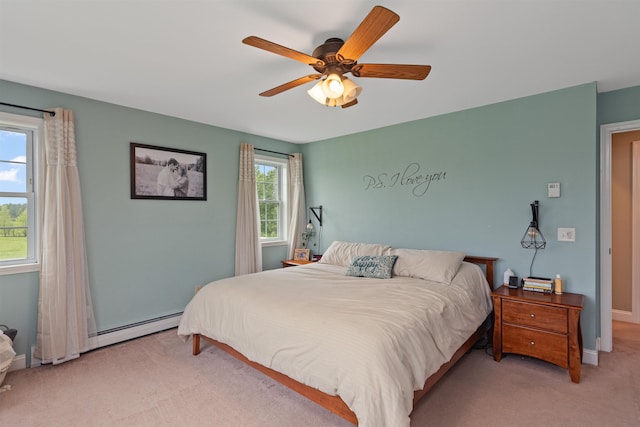 6 Pheasant Run Rd, Fairfax, VT 05454 - carpeted bedroom with a baseboard radiator, baseboards, and ceiling fan