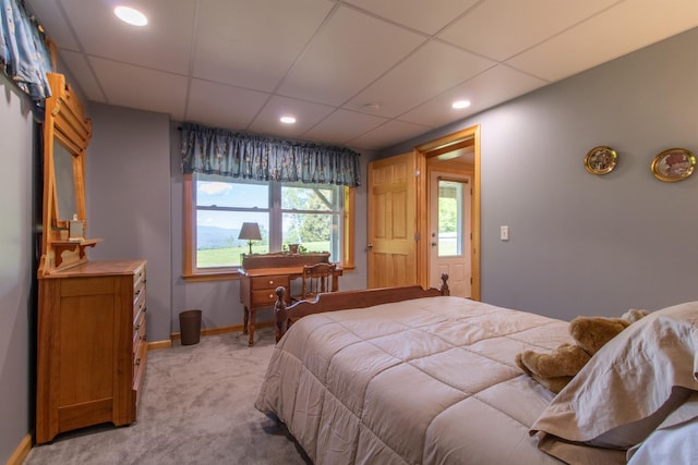 76 Back Of The Moon Rd, Kirby, VT 05832 - bedroom featuring light colored carpet, a paneled ceiling, baseboards, and recessed lighting