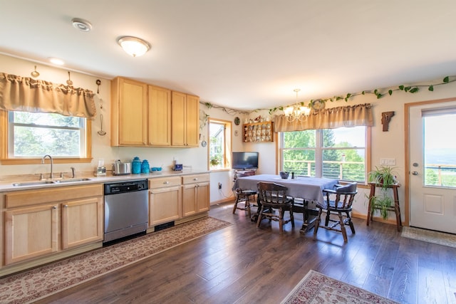 76 Back Of The Moon Rd, Kirby, VT 05832 - kitchen featuring stainless steel dishwasher, a sink, light brown cabinets, light countertops, and a chandelier