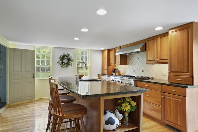 245-247 Danville Rd, Fremont, NH 03044 - kitchen with a sink, range hood, open shelves, a kitchen breakfast bar, and light wood-style flooring