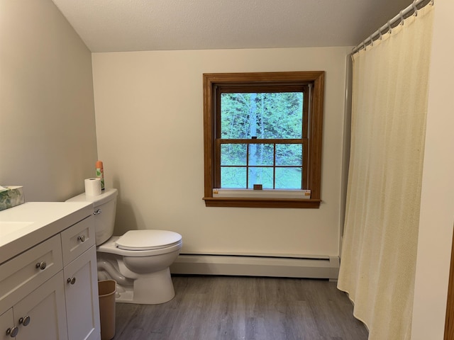52 Jericho Rd, Grantham, NH 03753 - bathroom with baseboard heating, toilet, wood finished floors, vanity, and a shower with curtain