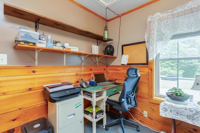 101 Mudgett Hill Rd, Loudon, NH 03307 - office area featuring crown molding, wooden walls, wainscoting, and carpet flooring