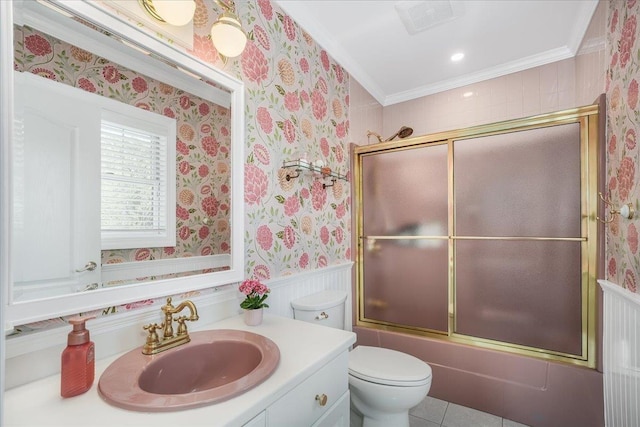 373 Whitford St, Manchester, NH 03104 - bathroom featuring wallpapered walls, ornamental molding, vanity, toilet, and bath / shower combo with glass door