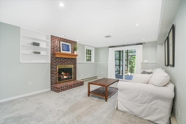 373 Whitford St, Manchester, NH 03104 - carpeted living area featuring a brick fireplace, a baseboard radiator, baseboards, and recessed lighting