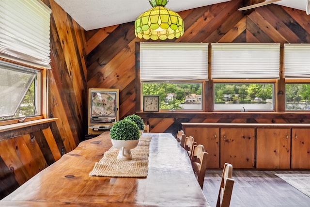 3-5 Cross St, Windham, NH 03087 - dining area featuring wooden walls, wood finished floors, and lofted ceiling