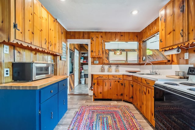 3-5 Cross St, Windham, NH 03087 - kitchen with range with electric stovetop, stainless steel microwave, light wood-style flooring, a sink, and wooden walls