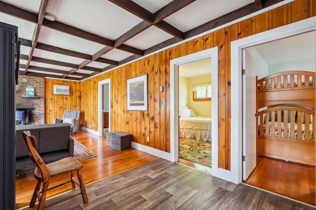 3-5 Cross St, Windham, NH 03087 - living area featuring wood finished floors, coffered ceiling, baseboards, beam ceiling, and wood walls