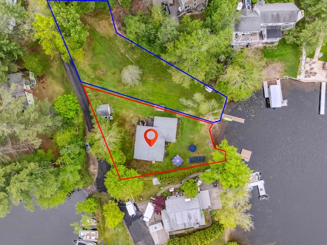 3-5 Cross St, Windham, NH 03087 - aerial view of property and surrounding area with property parcel outlined and a nearby body of water
