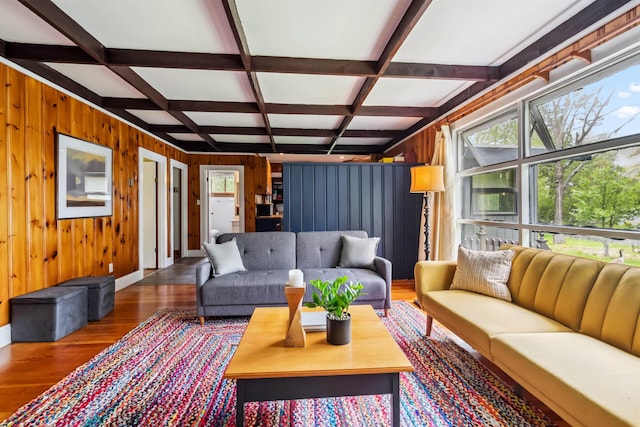3-5 Cross St, Windham, NH 03087 - living area with wood finished floors, coffered ceiling, wood walls, and beamed ceiling