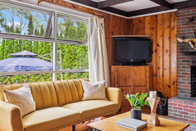 3-5 Cross St, Windham, NH 03087 - living area with beam ceiling and wood walls