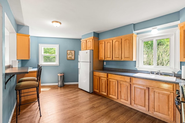 19 Fowlers Ct, Seabrook, NH 03874 - kitchen with freestanding refrigerator, a sink, light wood finished floors, dark countertops, and baseboards