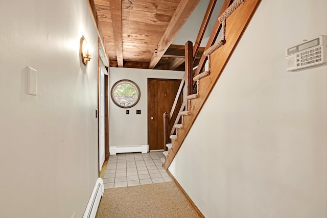 23 Cedarview Ln, Hampton, NH 03842 - hallway with wood ceiling, stairway, light tile patterned floors, a baseboard radiator, and baseboards