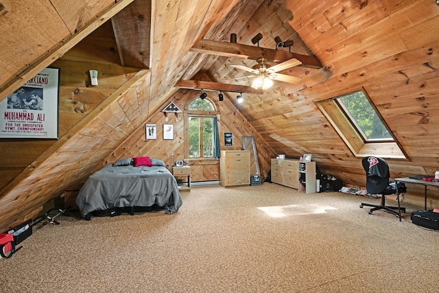23 Cedarview Ln, Hampton, NH 03842 - unfurnished bedroom with a skylight, wooden walls, carpet flooring, and wood ceiling
