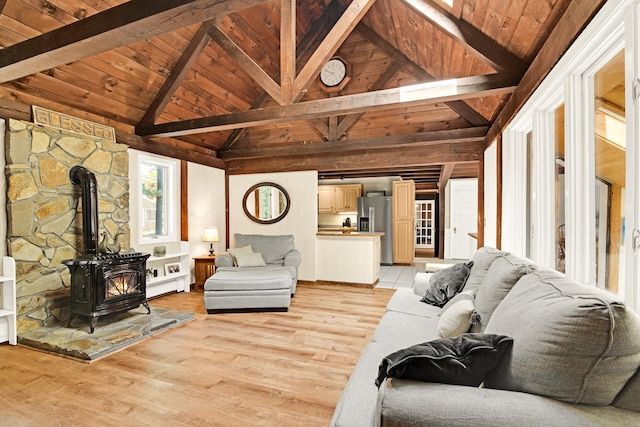 23 Cedarview Ln, Hampton, NH 03842 - living area featuring wooden ceiling with exposed beams, a wood stove, light wood finished floors, and high vaulted ceiling