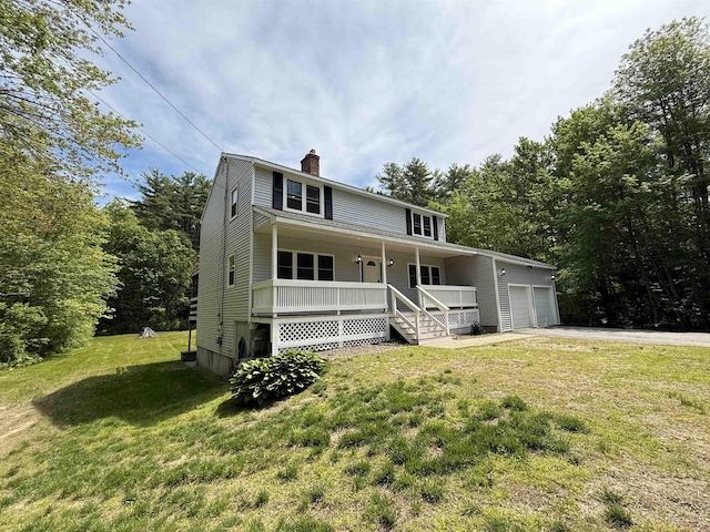 2 Germantown Rd, Derry, NH 03038 - view of front of property with covered porch, a chimney, a garage, a front yard, and driveway