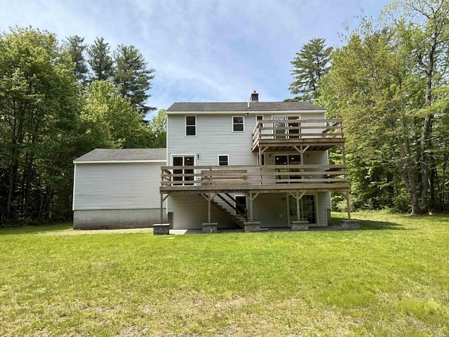 2 Germantown Rd, Derry, NH 03038 - back of property featuring a wooden deck, stairs, a chimney, and a yard