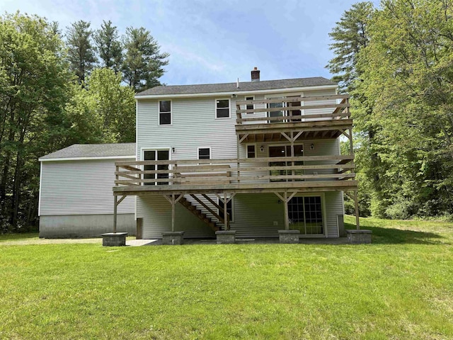 2 Germantown Rd, Derry, NH 03038 - rear view of property featuring a wooden deck, a chimney, stairs, and a lawn