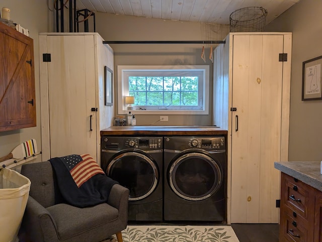 175 Rolfe Pond Dr, Hopkinton, NH 03229 - washroom featuring washer and dryer, cabinet space, and wooden ceiling