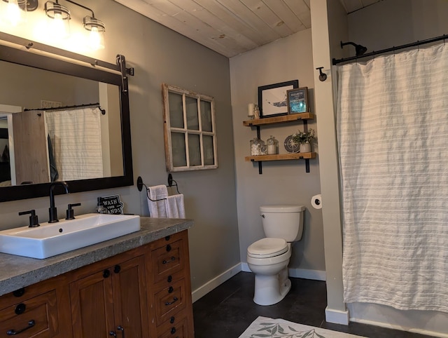 175 Rolfe Pond Dr, Hopkinton, NH 03229 - bathroom featuring baseboards, vanity, toilet, a shower with shower curtain, and wood ceiling
