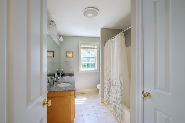 3 Playhouse Cir, Hampton, NH 03842 - full bath with vanity, toilet, tile patterned floors, and shower / bathtub combination with curtain