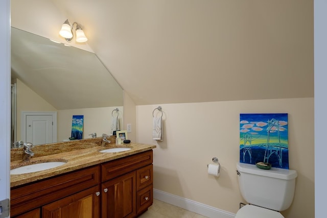 3 Playhouse Cir, Hampton, NH 03842 - full bathroom featuring vaulted ceiling, double vanity, baseboards, toilet, and tile patterned flooring