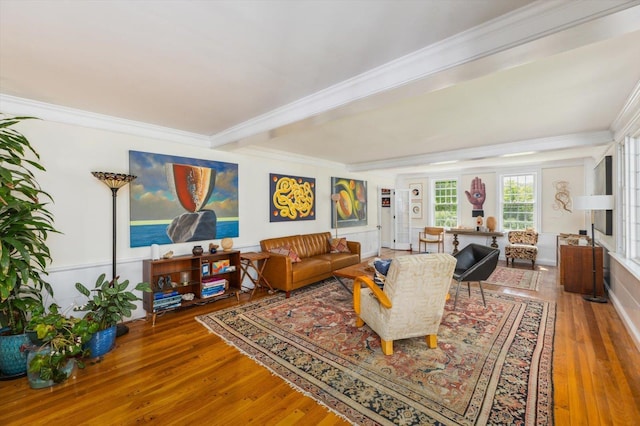 236 Main St, Jaffrey, NH 03452 - living room with wood-type flooring, ornamental molding, and beamed ceiling