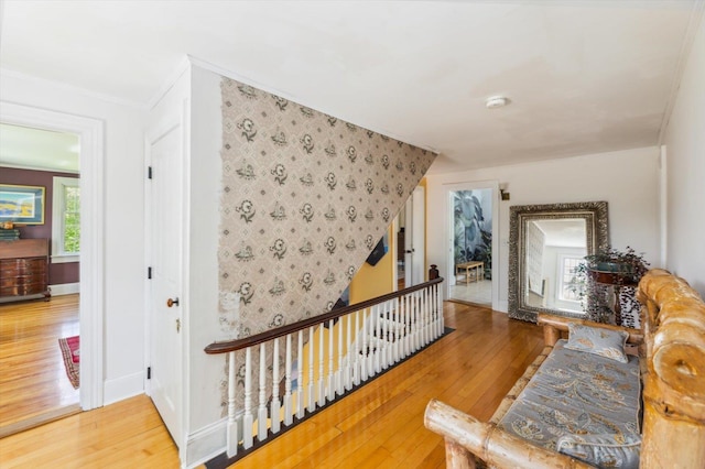 236 Main St, Jaffrey, NH 03452 - hallway with wood-type flooring, an upstairs landing, baseboards, and ornamental molding