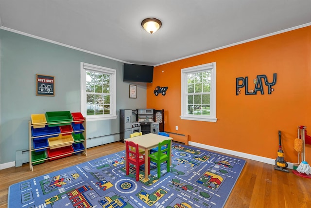 6 Cherry St, Concord, NH 03301 - playroom featuring ornamental molding, baseboard heating, baseboards, wood finished floors, and plenty of natural light